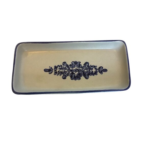 Vtg Rectangular Stoneware Trinket Relish Dish Blue Floral Design 7.5"x 3.75" x1" - Picture 1 of 6